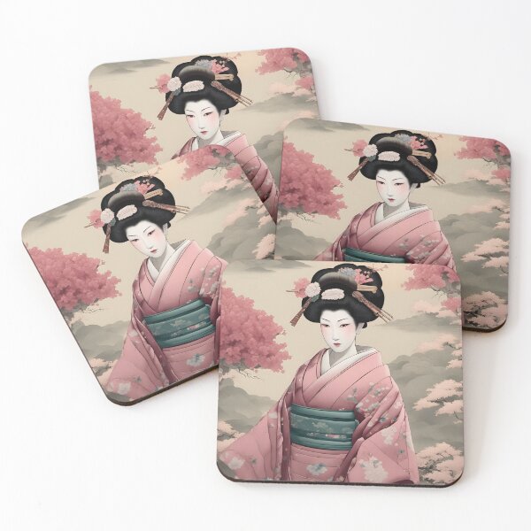 Item preview, Geisha in pastels pink silk kimono, background foggy mountains, sakura, cherry trees, hanami, spring, vintage designed and sold by Coolparrotgirl.