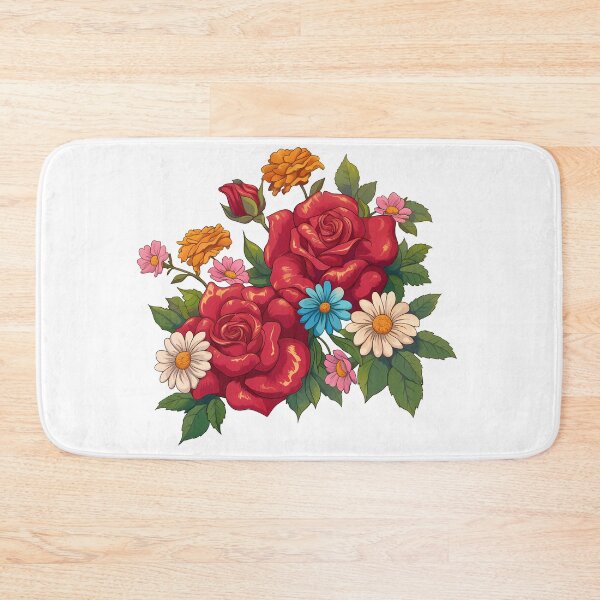 Item preview, Red Rose Bouquet with Marigolds and Daisies - Vibrant Colorful Floral Art Print designed and sold by DesignArtist.ia.