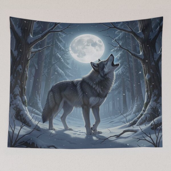 Item preview, Howling Wolf in Winter Forest under Full Moon – Mystical Night Scene Art designed and sold by FotoworldEdel.