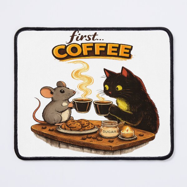 Item preview, First… Coffee – Funny Cat and Mouse Peace Truce Illustration designed and sold by IrynaLineArt.