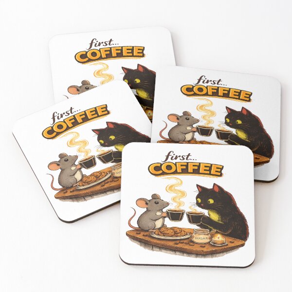 Item preview, First… Coffee – Funny Cat and Mouse Peace Truce Illustration designed and sold by IrynaLineArt.