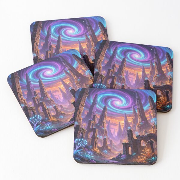 Item preview, Fantasy Ruins with Glowing Plants and Cosmic Sky – Mystical Landscape Art designed and sold by FotoworldEdel.