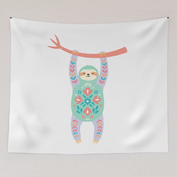 Item preview, Floral Folk Art Sloth Hanging from a Branch – Scandinavian Folk Art by heidiannemorris © designed and sold by FOLK ART FUSION by heidiannemorris.