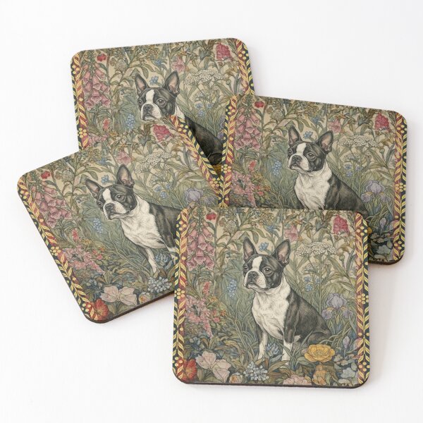 Item preview, Sweet Black & White Boston Terrier in Vintage Floral Garden designed and sold by AntiqueImages.