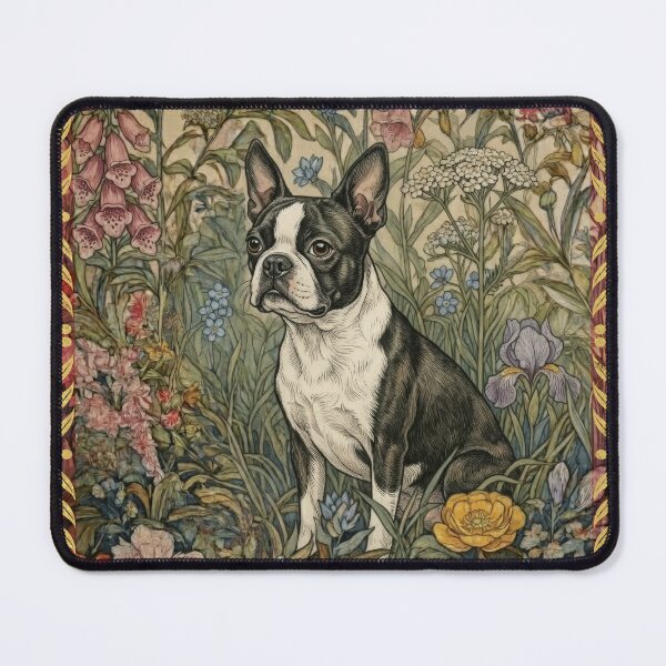 Item preview, Sweet Black & White Boston Terrier in Vintage Floral Garden designed and sold by AntiqueImages.