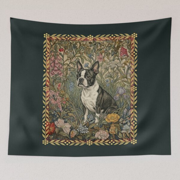 Item preview, Sweet Black & White Boston Terrier in Vintage Floral Garden designed and sold by AntiqueImages.