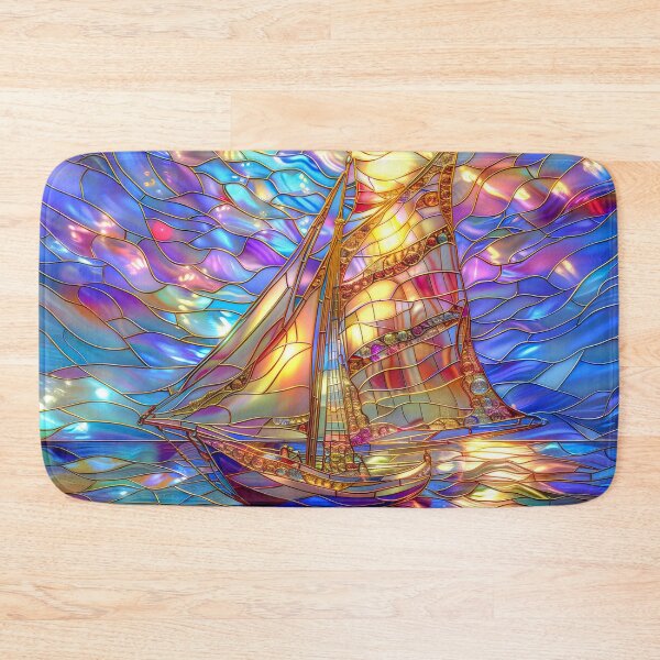 Item preview, Stained Glass Sailboat Sunset Art, Coastal Ocean Scene designed and sold by MargaretWiktor.