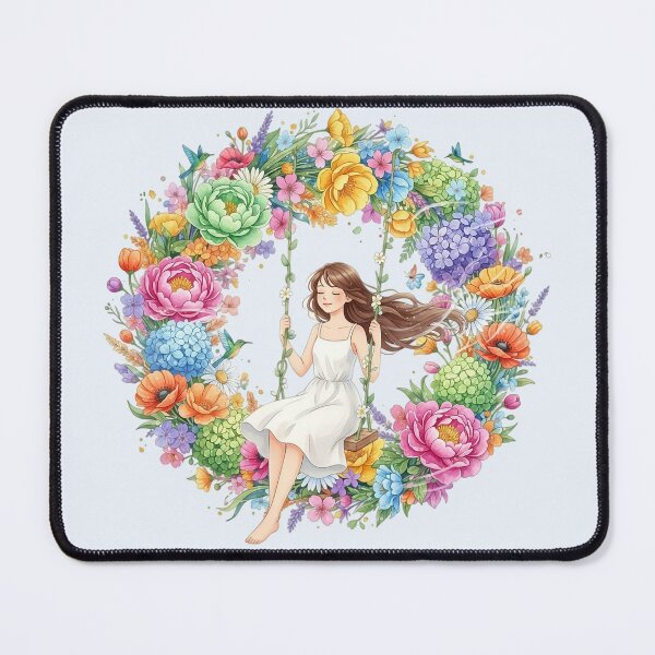 Item preview, Serene Girl Swinging Among Spring Flowers – Soft Aesthetic Illustration designed and sold by Y-MOONSTAR.