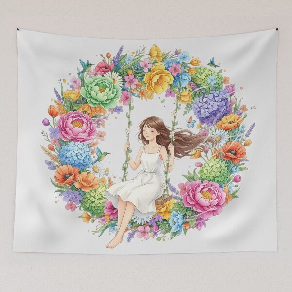 Item preview, Serene Girl Swinging Among Spring Flowers – Soft Aesthetic Illustration designed and sold by Y-MOONSTAR.