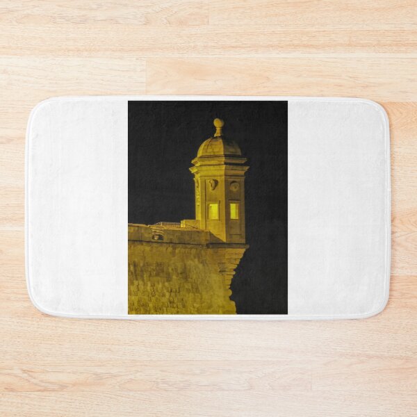 Item preview, Illuminated Stone Fortress Watchtower At Night Over Coastal Wall With Historic Turret And Lamp designed and sold by Nmallia.