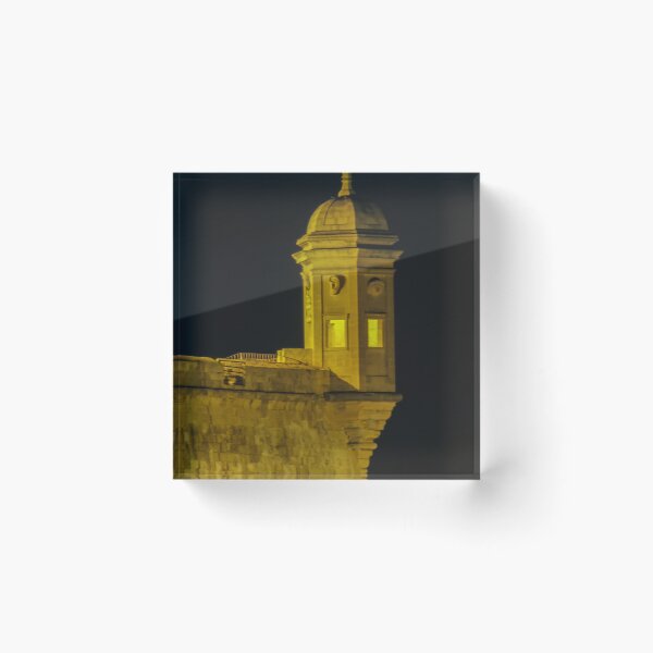 Item preview, Illuminated Stone Fortress Watchtower At Night Over Coastal Wall With Historic Turret And Lamp designed and sold by Nmallia.