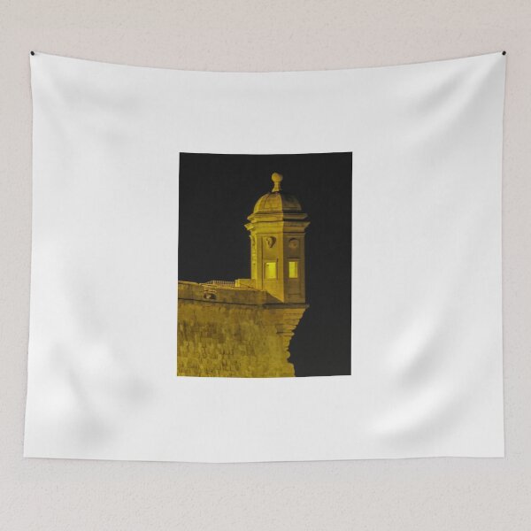 Item preview, Illuminated Stone Fortress Watchtower At Night Over Coastal Wall With Historic Turret And Lamp designed and sold by Nmallia.