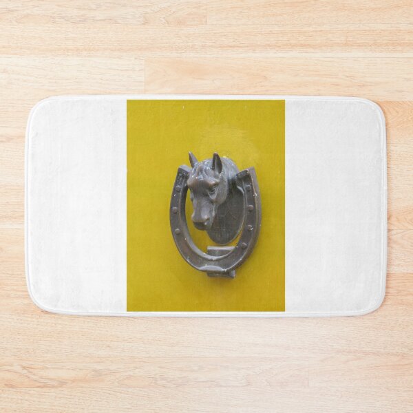 Item preview, Antique Horse Head Door Knocker With Horseshoe On Yellow Wooden Door, Vintage Metal Decor designed and sold by Nmallia.