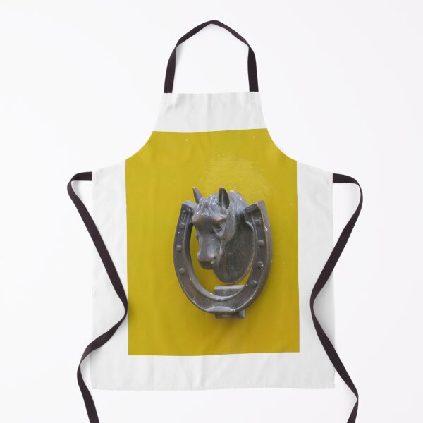 Item preview, Antique Horse Head Door Knocker With Horseshoe On Yellow Wooden Door, Vintage Metal Decor designed and sold by Nmallia.