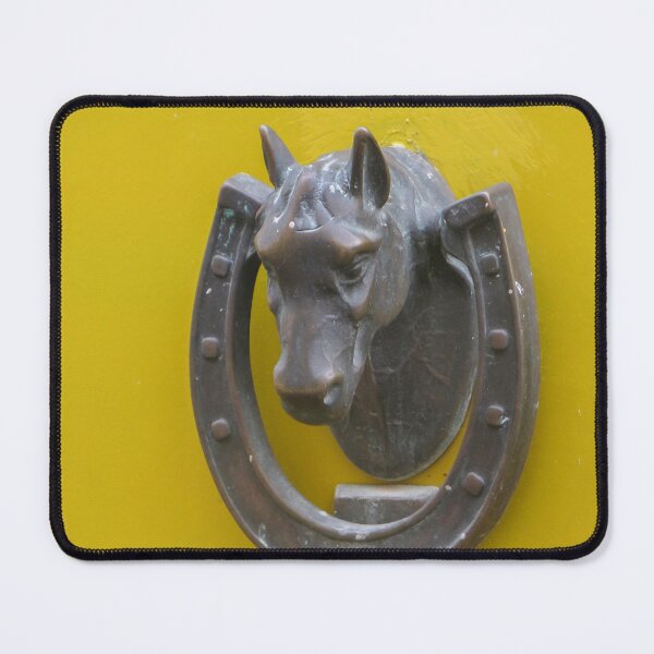 Item preview, Antique Horse Head Door Knocker With Horseshoe On Yellow Wooden Door, Vintage Metal Decor designed and sold by Nmallia.