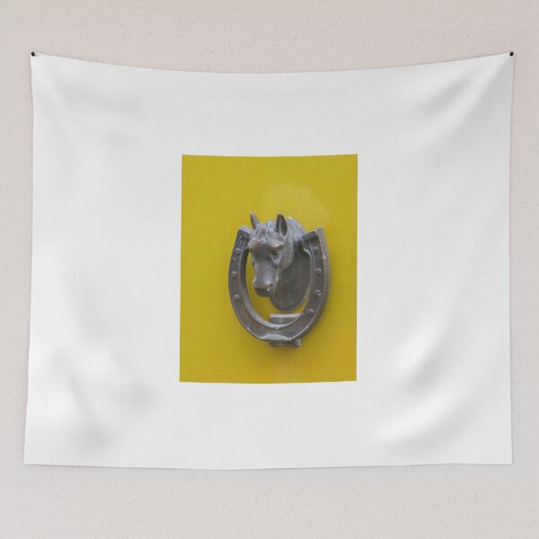 Item preview, Antique Horse Head Door Knocker With Horseshoe On Yellow Wooden Door, Vintage Metal Decor designed and sold by Nmallia.