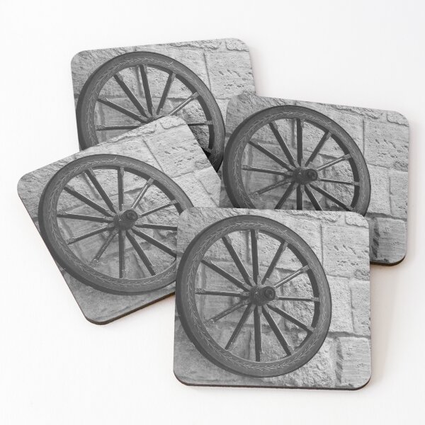 Item preview, Vintage Wagon Wheel Mounted on Rough Stone Wall in Black and White Rustic Decoration designed and sold by Nmallia.