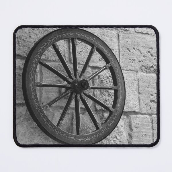 Item preview, Vintage Wagon Wheel Mounted on Rough Stone Wall in Black and White Rustic Decoration designed and sold by Nmallia.