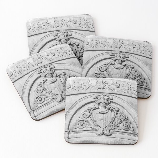Item preview, Stone Architectural Crest And Ornamental Relief On Historic Building Facade In Black And White designed and sold by Nmallia.