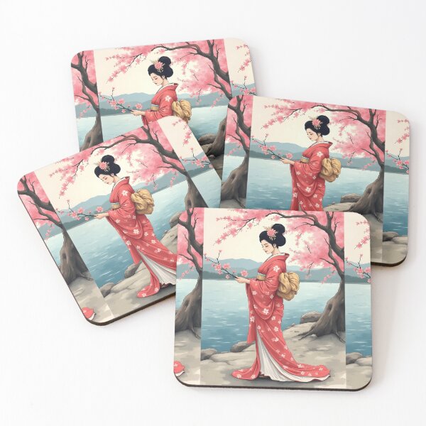 Item preview, Geisha, Asian woman, walking in a mystic Japanese woods  floral background designed and sold by Coolparrotgirl.