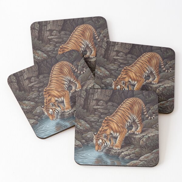 Item preview, Tiger Drinking Water Illustration - Wild Animal Nature Print designed and sold by med-lavender-ee.