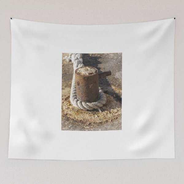 Item preview, Rusty Mooring Bollard Wrapped With Thick White Rope On Weathered Harbor Dock Surface designed and sold by Nmallia.