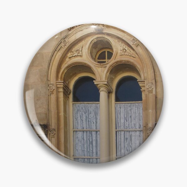 Item preview, Ornate Arched Window With Lace Curtains on Aged Stone Facade in Historic Building designed and sold by Nmallia.