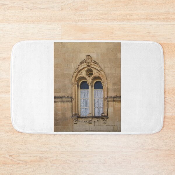 Item preview, Ornate Arched Window With Lace Curtains on Aged Stone Facade in Historic Building designed and sold by Nmallia.