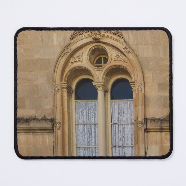 Item preview, Ornate Arched Window With Lace Curtains on Aged Stone Facade in Historic Building designed and sold by Nmallia.