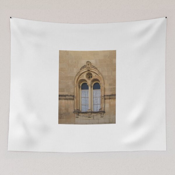 Item preview, Ornate Arched Window With Lace Curtains on Aged Stone Facade in Historic Building designed and sold by Nmallia.
