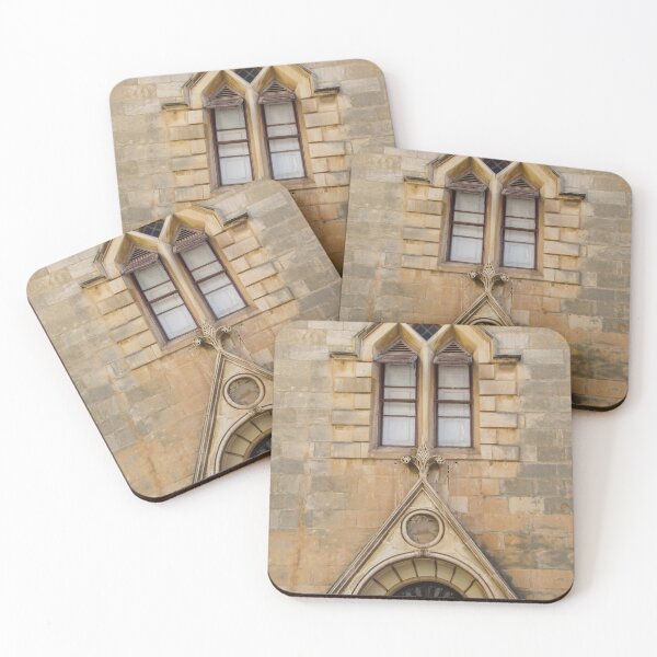 Item preview, Historic Stone Building With Ornate Arched Doorway and Twin Gothic Windows Above designed and sold by Nmallia.