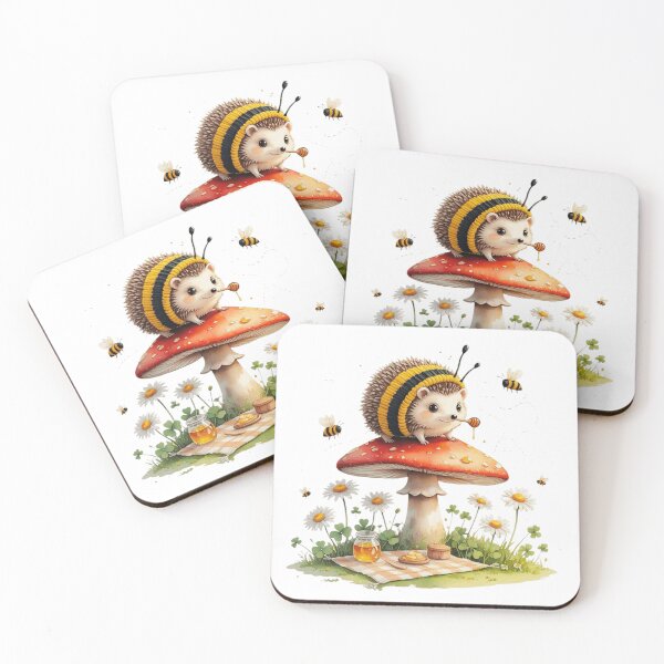 Item preview, Cute Hedgehog in Bee Costume on Mushroom Watercolor designed and sold by AQUILAKREO.