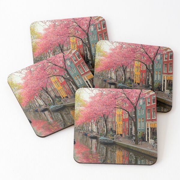 Item preview, Amsterdam Spring Canal Cherry Blossom Reflection Art designed and sold by Wayfound.