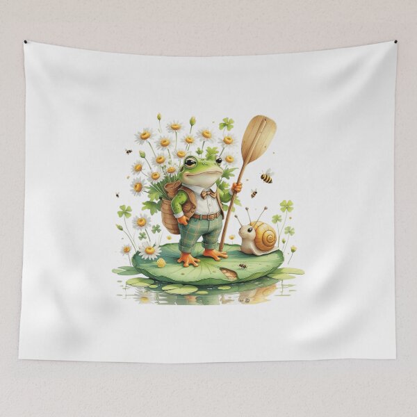 Item preview, Whimsical Frog and Snail Adventure on Lily Pad Boat Watercolor designed and sold by AQUILAKREO.