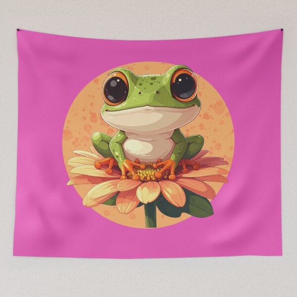 Item preview, Cute Tree Frog on Flower – Adorable Green Frog Cartoon Art designed and sold by TripleMoonCrafts.