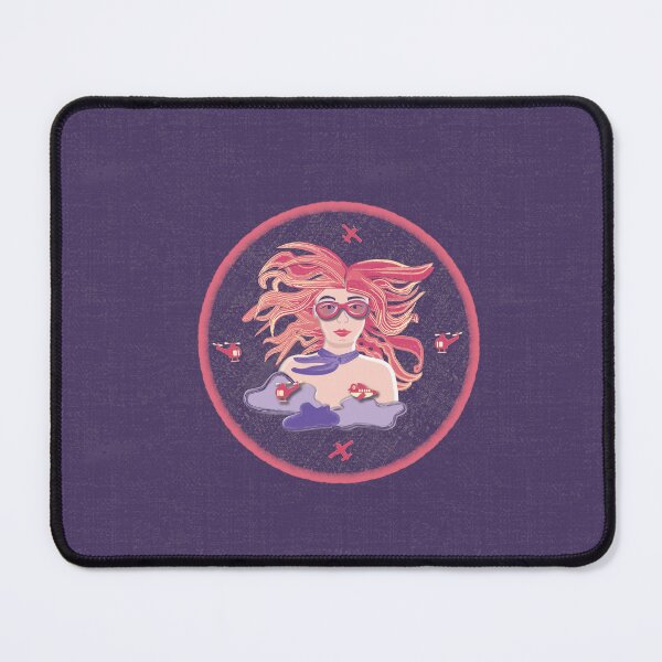 Item preview, Illustration of a female aviator among the clouds with airplanes and helicopters, pink image, purple denim background designed and sold by WONDERPRINTVALLEY.