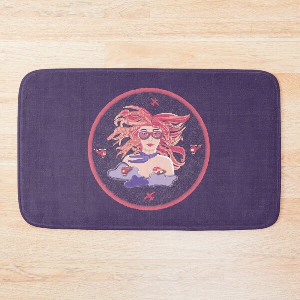 Item preview, Illustration of a female aviator among the clouds with airplanes and helicopters, pink image, purple denim background designed and sold by WONDERPRINTVALLEY.