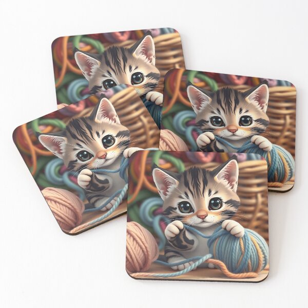 Item preview, Adorable Tabby Kitten Playing with Colorful Yarn Balls designed and sold by Serene Strokes Art.