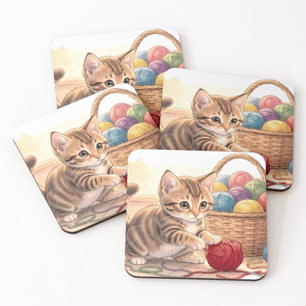Item preview, Curious Tabby Kitten with Basket of Colorful Yarn designed and sold by Serene Strokes Art.