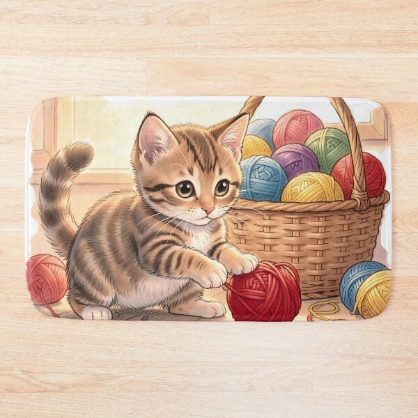 Item preview, Curious Tabby Kitten with Basket of Colorful Yarn designed and sold by Serene Strokes Art.
