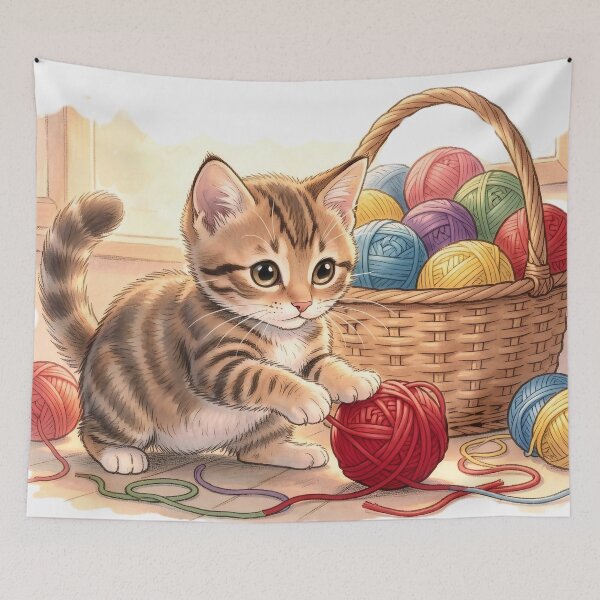 Item preview, Curious Tabby Kitten with Basket of Colorful Yarn designed and sold by Serene Strokes Art.
