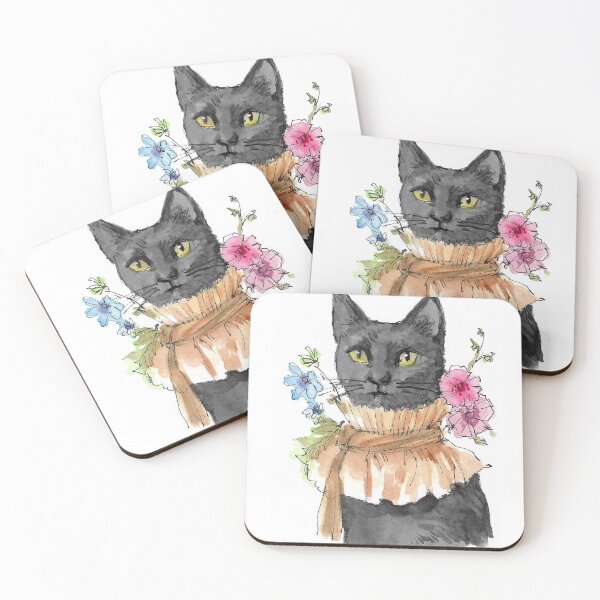 Item preview, Regal Black Cat in Elizabethan Collar with Flowers Vintage Watercolor designed and sold by Cjartgallery.