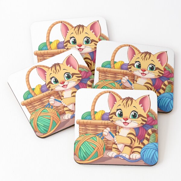 Item preview, Happy Cartoon Kitten Knitting with Colorful Yarn and Basket designed and sold by Serene Strokes Art.