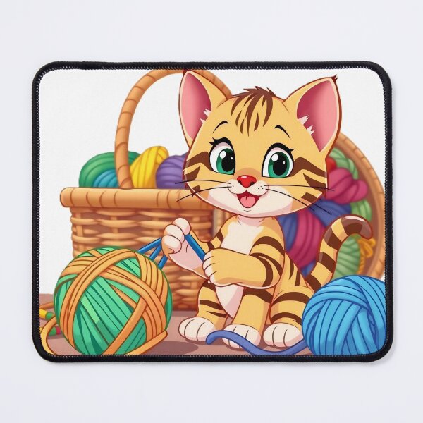 Item preview, Happy Cartoon Kitten Knitting with Colorful Yarn and Basket designed and sold by Serene Strokes Art.