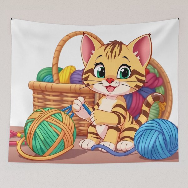 Item preview, Happy Cartoon Kitten Knitting with Colorful Yarn and Basket designed and sold by Serene Strokes Art.