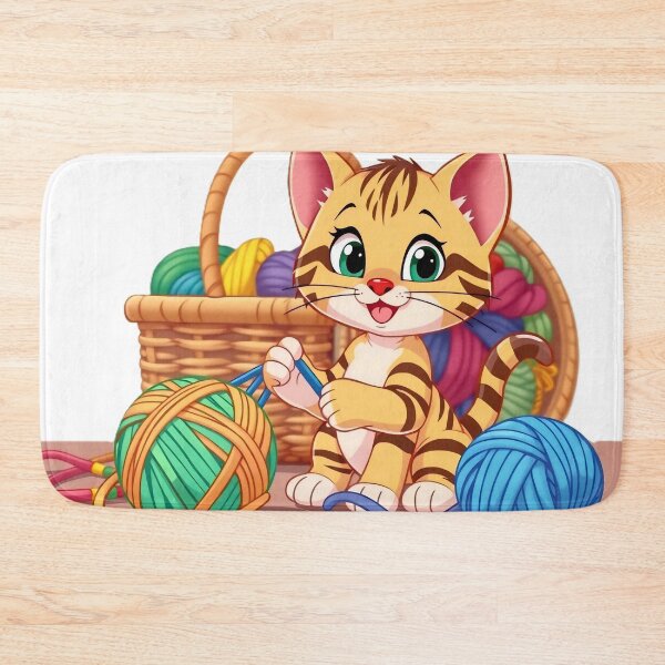 Item preview, Happy Cartoon Kitten Knitting with Colorful Yarn and Basket designed and sold by Serene Strokes Art.