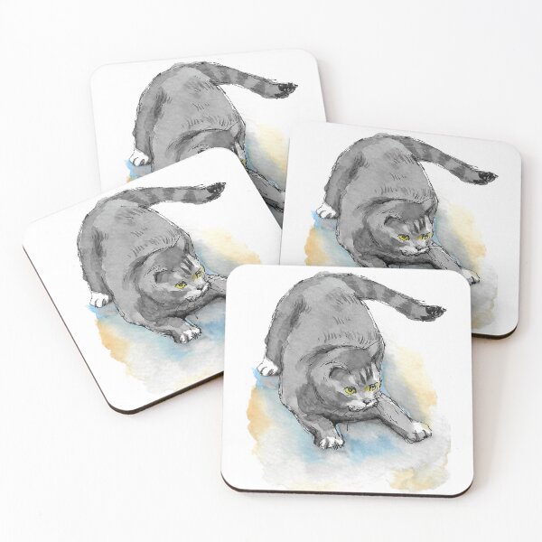 Item preview, Playful Grey Cat Ready to Pounce Action Pose Watercolor Art designed and sold by Cjartgallery.