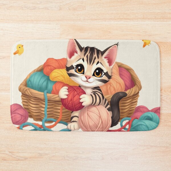 Item preview, Sweet Kitten in Yarn Basket with Little Yellow Birds designed and sold by Serene Strokes Art.