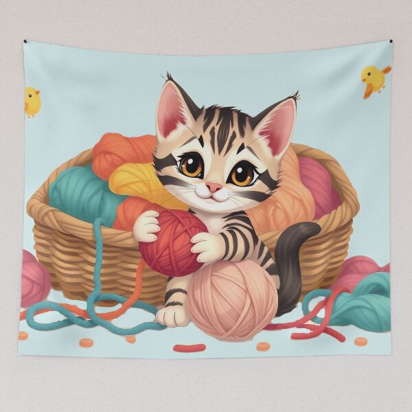 Item preview, Sweet Kitten in Yarn Basket with Little Yellow Birds designed and sold by Serene Strokes Art.