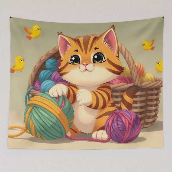 Item preview, Curious Tabby Kitten in Yarn Basket with Little Birds designed and sold by Serene Strokes Art.